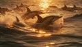 Playful bottle nosed dolphins jumping in sunset sea generated by AI Royalty Free Stock Photo