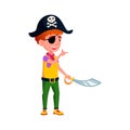 playful boy with sword playing pirate with friends in garden cartoon vector