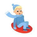 Playful Boy in Warm Hat and Knitted Mittens Sliding Down with Snow Saucer Vector Illustration