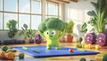 Playful Broccoli Character Weightlifting in Sunlit Gym
