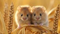 Playful brown and white mice exploring a picturesque wheat field bathed in golden sunlight