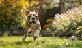 Playful bulldog puppy chasing a ball in a backyard garden Royalty Free Stock Photo