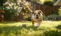 Playful bulldog puppy chasing a ball in a backyard garden Royalty Free Stock Photo