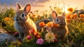 Playful Bunnies in a Colorful Meadow at Sunset