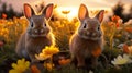 Playful Bunnies in a Colorful Meadow at Sunset