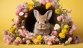 Playful bunny surrounded by colorful flowers on a bright backgroundStudio shot with space for text. Royalty Free Stock Photo