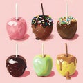 Playful Candy Apples with Various Coatings on a Pastel Pink Background