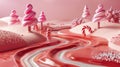 Playful candy wonderland: 3D fantasy world with chocolate rivers and candy cane trees, radiating a whimsical and joyful