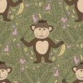 Seamlesss doodle color pattern for kids. Vector illustration. Playful card with doodle hand drawn a monkey, bananas and palm