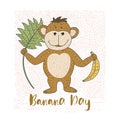 Playful vector card with doodle hand drawn a monkey, bananas and palm leaves.