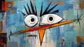 Abstract Painting Of A Bird With Blue Eyes In A Satirical Caricature Style