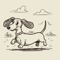 Playful cartoon dachshund running in a field, drawn in a monochrome sketch style. The