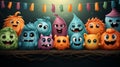 Playful cartoon monsters sitting on a tree branch with colorful smiles