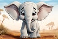 Playful cartoon pachyderm, big-eyed and big-eared, radiates charm and curiosity