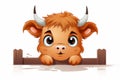 A playful cartoon red bull chews on a bone in a green pasture , Illustration of a Cute Cow in a wooden fence on a white background Royalty Free Stock Photo