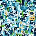Playful cartoonish blue and green abstract pattern with chaotic environments (tiled)
