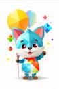Playful cat with balloon in paw, simple geometric forms, close-up, neon vertical watercolors