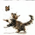 A playful cat chasing a butterfly, painted in whimsical watercolor tones, beautifully isolated on a