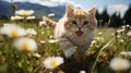 Playful Cat Enjoying a Sunny Flower Meadow GenerativeAI Royalty Free Stock Photo