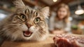 Playful cat eyeing fresh meat in a cozy kitchen with blurred background Royalty Free Stock Photo
