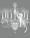 Playful Cat On Top Of A Lit Candle Chandelier Raising Paw Colorless Line Drawing. Small Feline Hanging On Ceiling Light