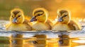 Playful and charming baby ducks waddling happily by a shimmering and glistening pond Royalty Free Stock Photo