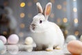 Playful and Charming Image of a White Rabbit Surrounded by Colorful Easter Eggs against a Soft, Blurred Background