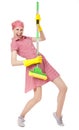 Playful charwoman with mop on white