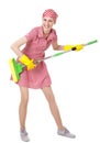 Playful charwoman with mop on white