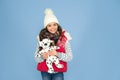 Playful child. Pets shop. Her favourite toy. Happy child hold soft toy. Little girl smile with toy dog. Kids toy shop or