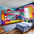 A playful children\'s bedroom with bunk beds, a slide, and a colorful mural on the wall1, Generative AI Royalty Free Stock Photo