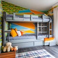 A playful, children\'s bedroom with bunk beds, vibrant wallpaper, and plenty of storage space3, Generative AI