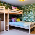 A playful, children\'s bedroom with bunk beds, vibrant wallpaper, and plenty of storage space2, Generative AI