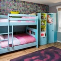 A playful, children\'s bedroom with bunk beds, vibrant wallpaper, and plenty of storage space4, Generative AI
