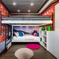 A playful, children\'s bedroom with bunk beds, vibrant wallpaper, and plenty of storage space5, Generative AI