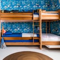 A playful, children\'s bedroom with bunk beds, vibrant wallpaper, and plenty of storage space1, Generative AI