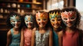 Within a playful children\'s party, a bunch of kids wearing funny face masks gathers for an afternoon of laughter and joy