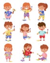 Playful Children in Stained Clothes Holding Paintbrushes and Paints Vector Illustrations Set