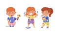 Playful Children in Stained Clothes Holding Paintbrushes and Paints Vector Illustrations Set Royalty Free Stock Photo