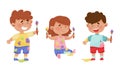 Playful Children in Stained Clothes Holding Paintbrushes and Paints Vector Illustrations Set Royalty Free Stock Photo