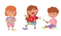 Playful Children in Stained Clothes Holding Paintbrushes and Paints Vector Illustrations Set Royalty Free Stock Photo