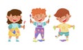 Playful Children in Stained Clothes Holding Paintbrushes and Paints Vector Illustrations Set Royalty Free Stock Photo