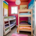 A playful childrens room with bunk beds and a colorful mural on the wall3 Royalty Free Stock Photo