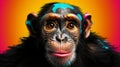 A playful chimpanzee with big eyes curiously peeks over a bright colored edge, Ai Generated