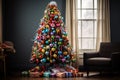 Playful and colorful Christmas tree decorated with candy-themed ornaments, invoking a sense of childlike joy and delight.