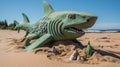 Green Shark Statue On Sand Beach: Hard Surface Modeling In Teal And Green