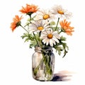 Highly Detailed Watercolor Illustration Of White Daisies In A Jar