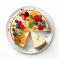 Playful And Colorful Fruity Cheesecake On White Plate