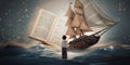 A playful composition of a person using an open book as a sail, navigating through a sea of words and stories, concept