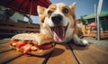 Playful corgi dog in a cafe setting, eagerly eyeing a tempting hot dog on a wooden table. Created AI tools